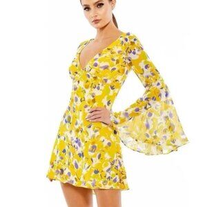 Mac Duggal Floral Bell Sleeve Mini Dress Chiffon Yellow Purple V-Neck